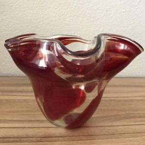 Red Zorza? Hand Blown Art Glass Handkerchief Vase Centerpiece Catch All.